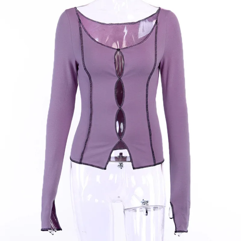 

woman sleeve Autumn Sexy top solid casual Spring t-shirt top hollow O-neck long out out top long sleeve O-neck t-shirt woman c