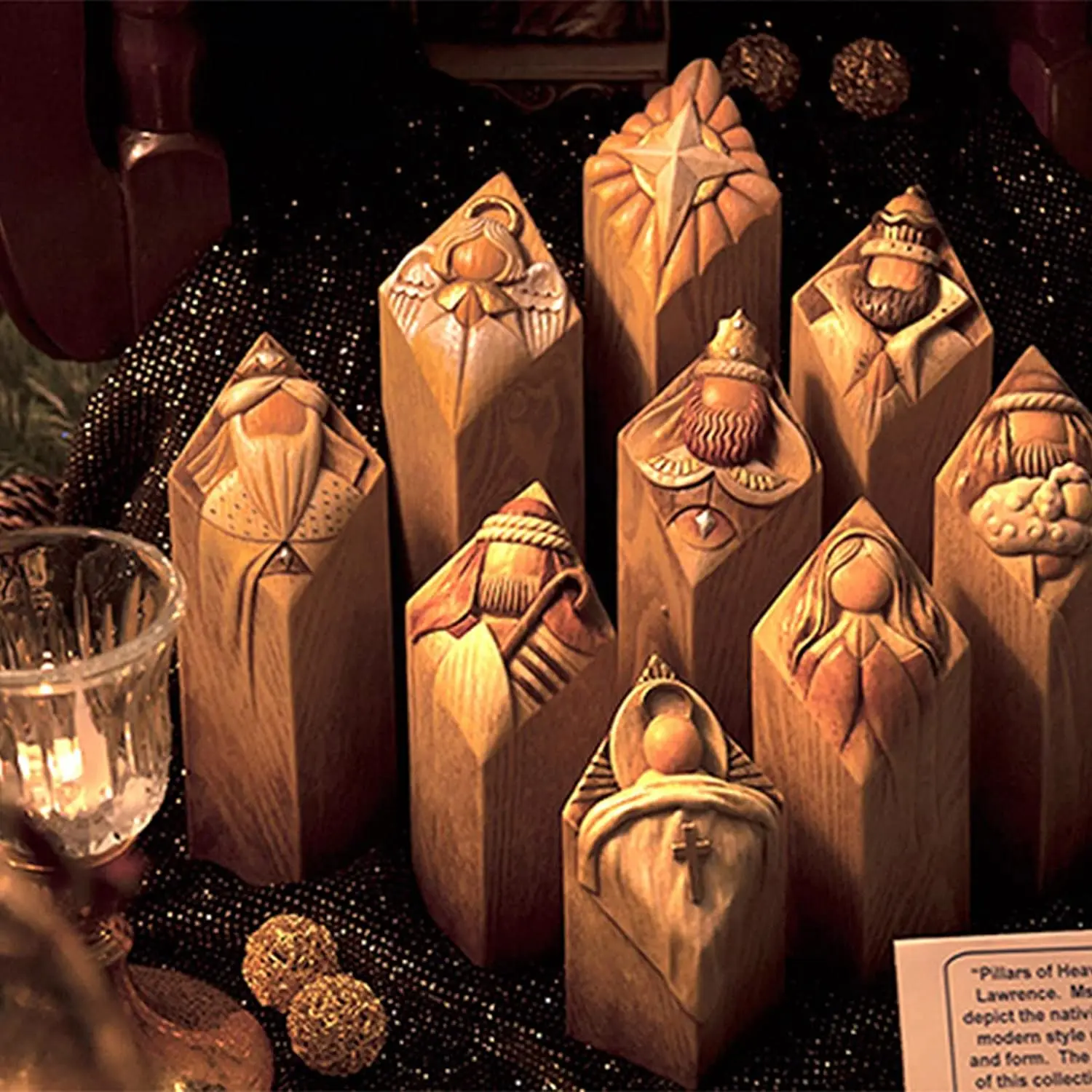 

Heaven Nativity Tree Pillar Statues 9 Pcs Set of Wooden Collection Figurines of Pillars of Nativity Setcolumn Statues Decoration
