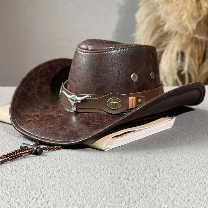 

Women Men Faux Leather Western Cowboy Hats Cow Head Decorate Vintage Rider Panama Cowgirl Jazz Cap Sombrero Hombre