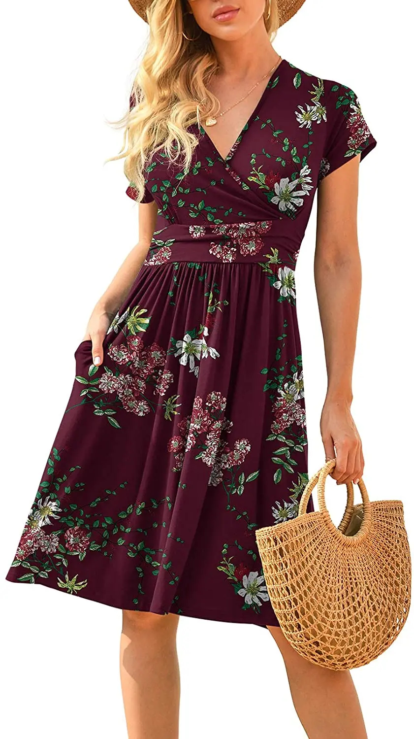 

summer short sleeve v-neck flower print A-line knee-length dress with pocket 2022 loose sun dress casual clothes for women