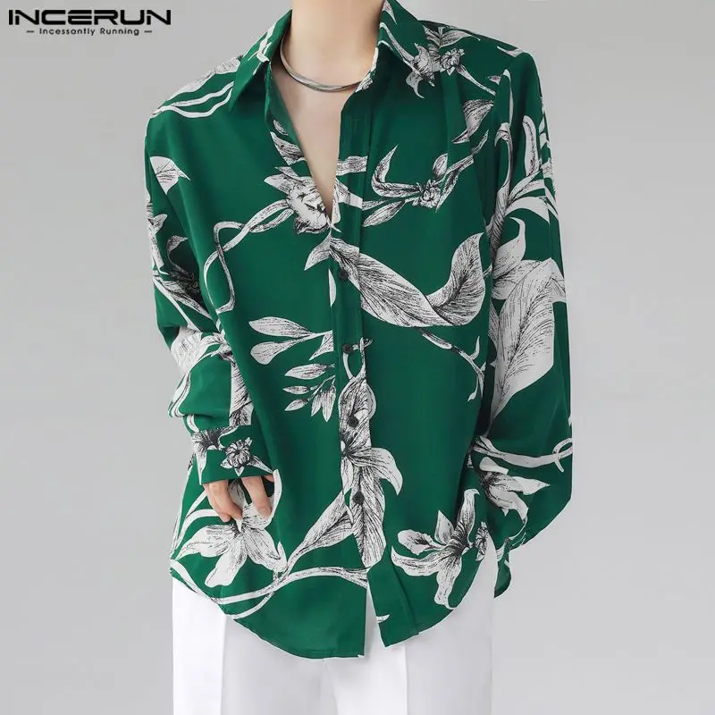 

INCERUN Tops 2023 Korean Style Handsome Men Loose Drape Design Shirts Casual Fashionable Plant Printed Long Sleeved Blouse S-5XL