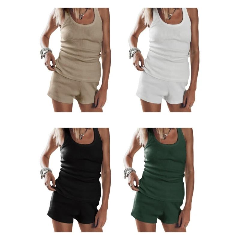 

Women Rib Knit Pajamas Top and Elastic Waist Shorts Solid Color Sleepwear