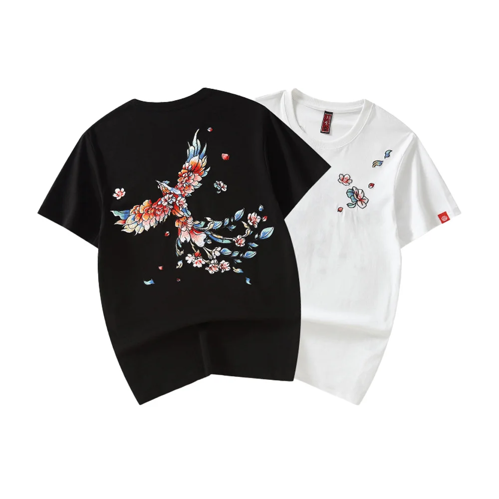 

Летняя футболка Guo Chao с вышивкой Феникс, хлопковая парная футболка с коротким рукавом для мужчин и женщин