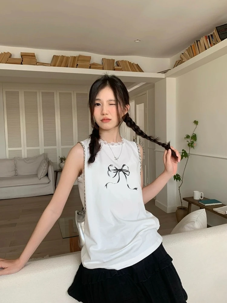 HOUZHOU Kawaii Милая Лоскутная майка Женская корейская мода винтажная Кружевная