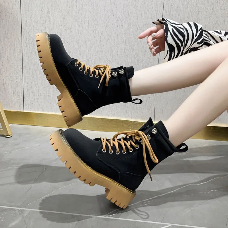 AIYUQI Women's Ankle Boots Genuine Leather 2023 New Yellow Marton Boots Women Platform Lace-up Booties Women