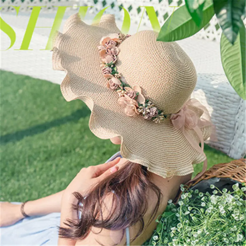 

Disney New parent-child Hat Girls' straw hat Sun Visor Hat Xia Dayan Sun Beach Hat Flower Korean version hat basin hat