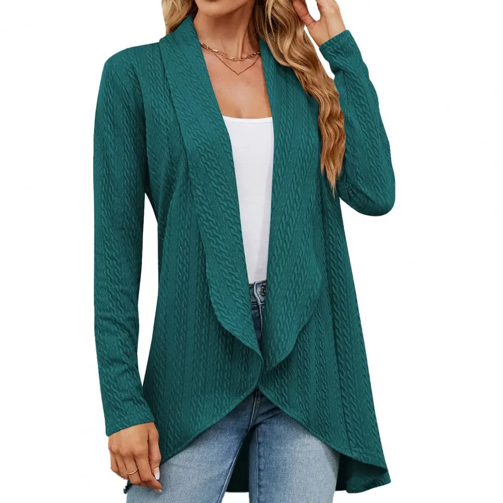 

Lady Casual Jacket Stylish Women's Knitted Open Stitch Cardigan Coat Loose Fit Irregular Hem Mid Length Keep Warm in Solid Color