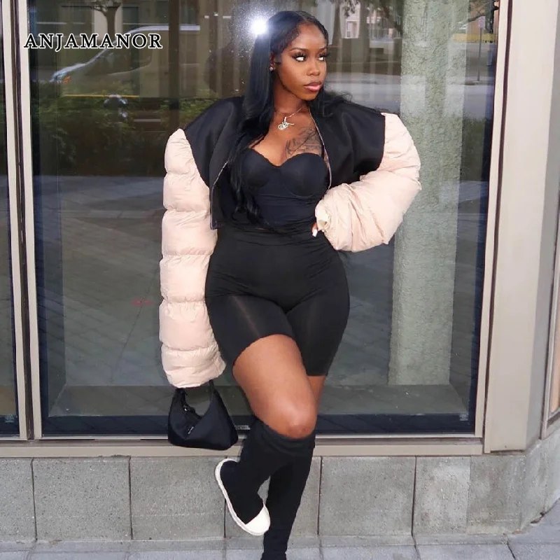 

ANJAMANOR Extra Long Sleeve Zip Up Cropped Puffer Jacket Streetwear 2022 Fashion Women Outwear Stylish Bubble Coats D85-FG48
