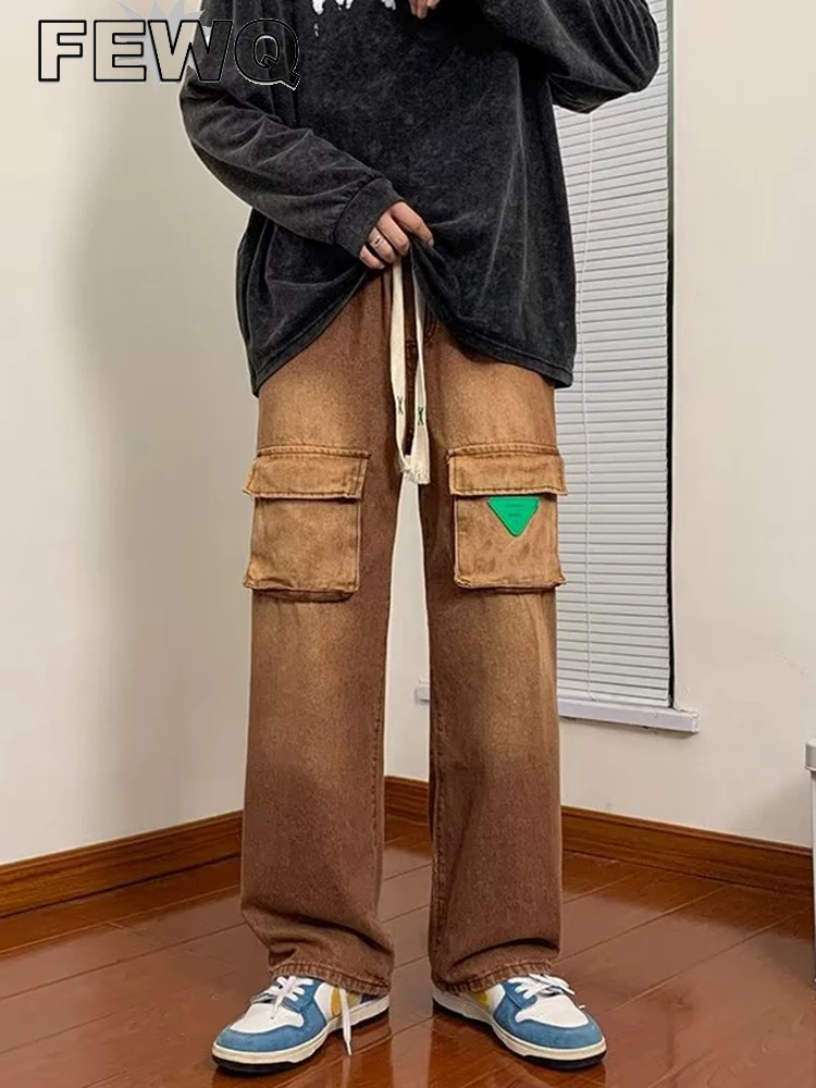 

Джинсы FEWQ мужские с карманами, свободные прямые широкие брюки в стиле сафари, повседневные винтажные штаны из денима, 24A1045, осень 2023