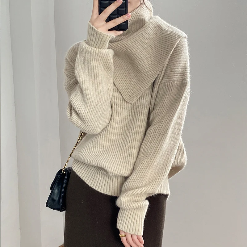 Winter 2022 New Women's Sweater Removable Neckwear High Neck 2-Piece Set V-Neck Soft Waxy Long Sleeve Knitted Top
