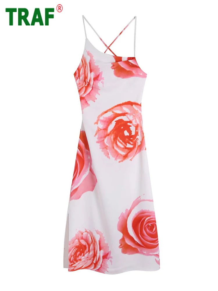 

TRAF Tie Dye Slip Dress Women Floral Backless Midi Dress Woman Cross Straps Beach Female Dress Summer Elegant Dresses for Women