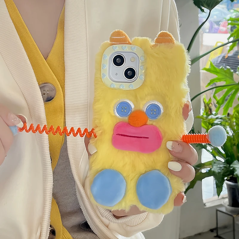 

Cartoon Dynamic spring Duck Fluffy Fuzzy Plush 3D Fur Case For iPhone 15 13 12 14 Pro Max 15pro 13promax 11 warm Cute Soft cover