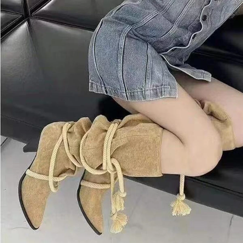 Soft Suede Leather Short Boots Autumn Winter Daily Shoes Spike High Heel Women's Knee high Boots Cross Rope