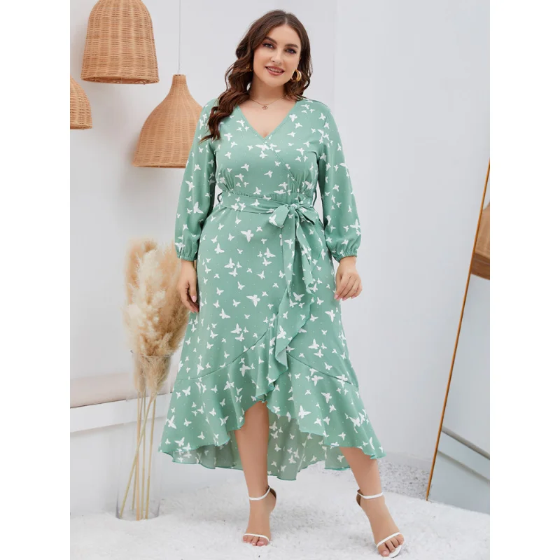 Plus Size 4xl 5xl Elegant Printed Lantern Dress Women Dresses Sexy Boho Beach Casual Slim Party Ruffle Midi d 3xl 4xl 5xl 6xl