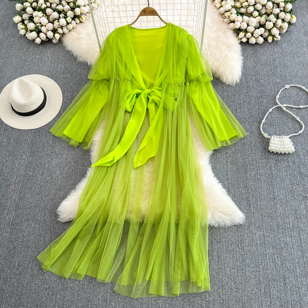 

SuperAen 2022 Summer Fashion Holiday V-neck Solid Womens Tops Splicing Mesh Long Cardigan Chiffon Shirts