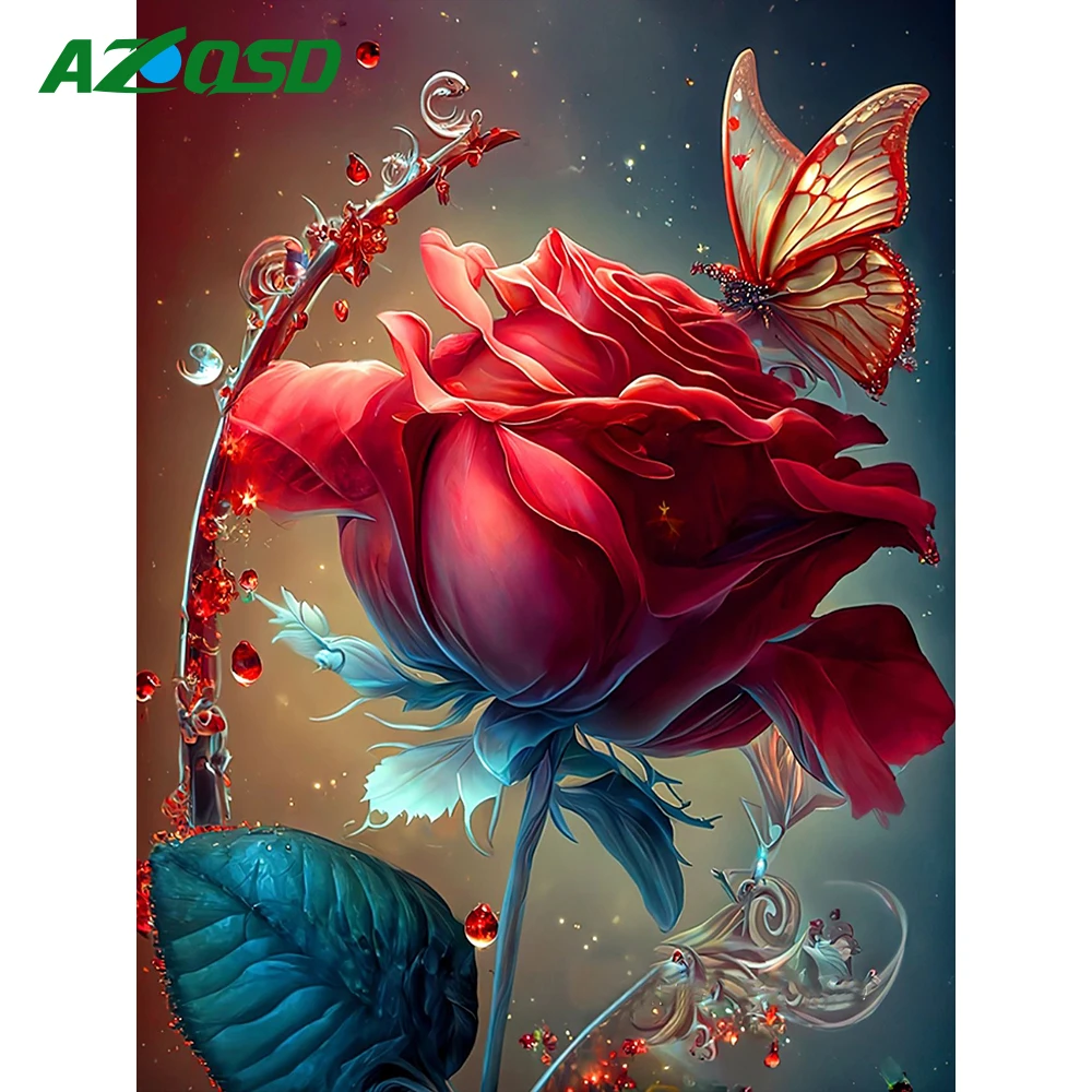 

AZQSD Full Square Diamond Embroidery Rose Rhinestones Diamond Mosaic Flower Cross Stitch 5D Painting Butterfly Handmade Gift