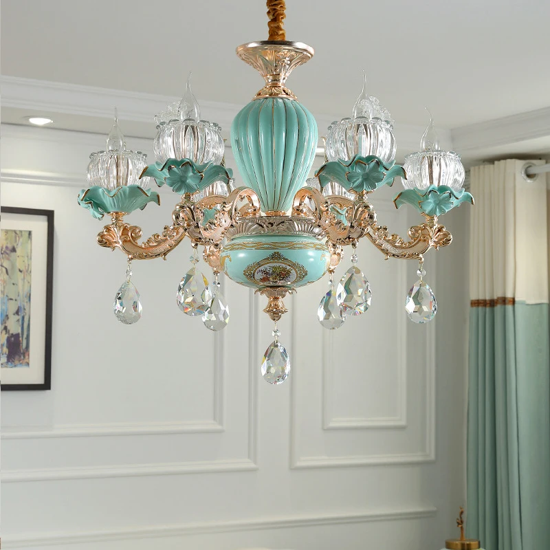 Flower Crystal Ceramic Retro Chandelier European Style Lamp For Living Room Bedroom Suspension Luminaire Villa Hanging Light