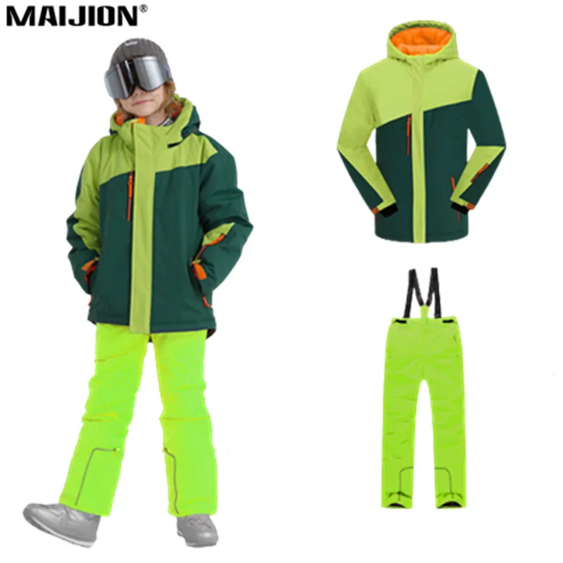 

Ветрозащитная Теплая Лыжная куртка для мальчиков, штаны, детские лыжные куртки, Зимний водонепроницаемый флисовый лыжный костюм с капюшоно...