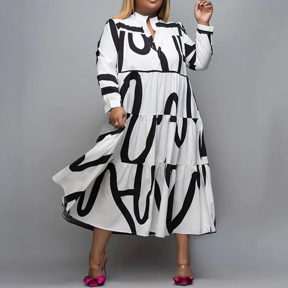 

Plus Size Dresses African Women 2022 Summer Fashion Print Stand Collar Long Sleeve Office Lady Large Size Dress 5XL Midi Dress