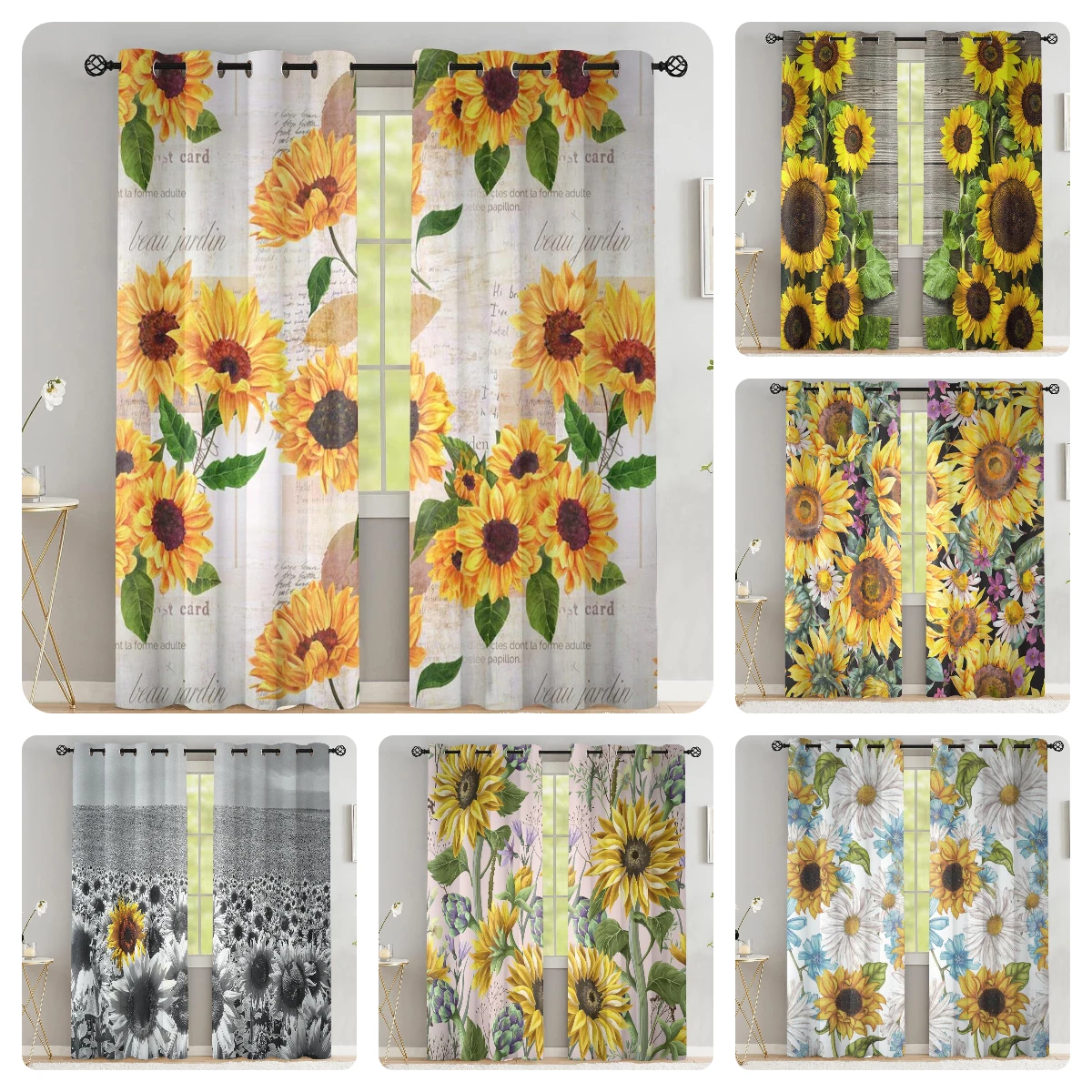 

Yellow Sunflower Curtains for Living Room Home Decor Window Blackout Curtain Floral Vintage Wood Grain Printing Drapes 2 Panels