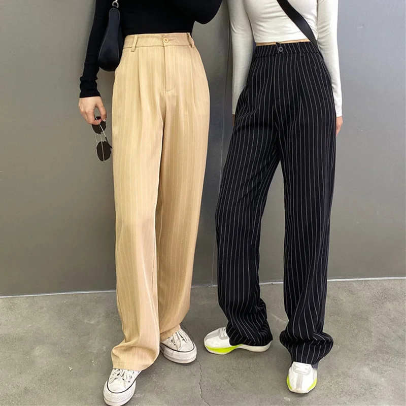 

2023 Lucyever Summer Striped Wide Leg Pants Women Korean Style High Waist Loose Casual Pants Woman Streetwear Straight Trousers