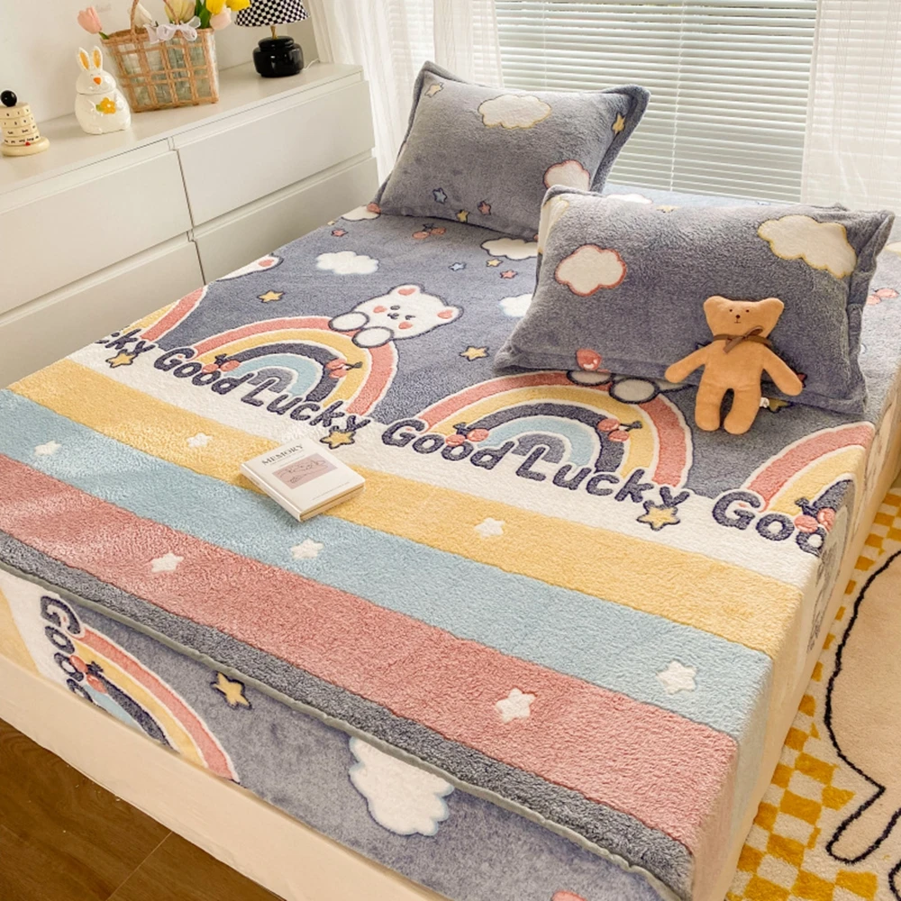 Home Bed Linen Winter Rainbow Bear Children's Room Bedding Set  All-Around Elastic Warm Crystal Velvet Fitted Mattres Sheet