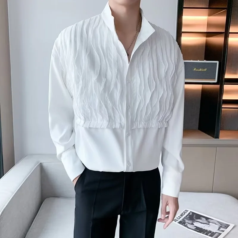 Autumn Black White Long Sleeve Shirt Men Slim Fashion Social Mens Dress Shirt Korean Pleated Shirt Mens Formal Shirt M-3XL
