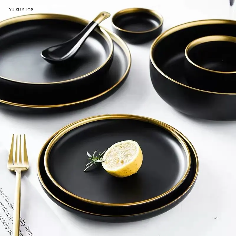 

Black Tableware Set Ceramic Dinner Plate Dishes Plates Bowls Set Food Plate Salad Soup Bowl Kitchen Dinnerware for Restaurant