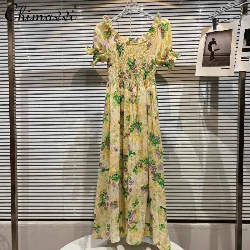 

2022 Summer New Fashion Colorful Flowers Floral Pattern Pleated Stitching Short Sleeve Dress Slim Fit Temperament Vacation Dress