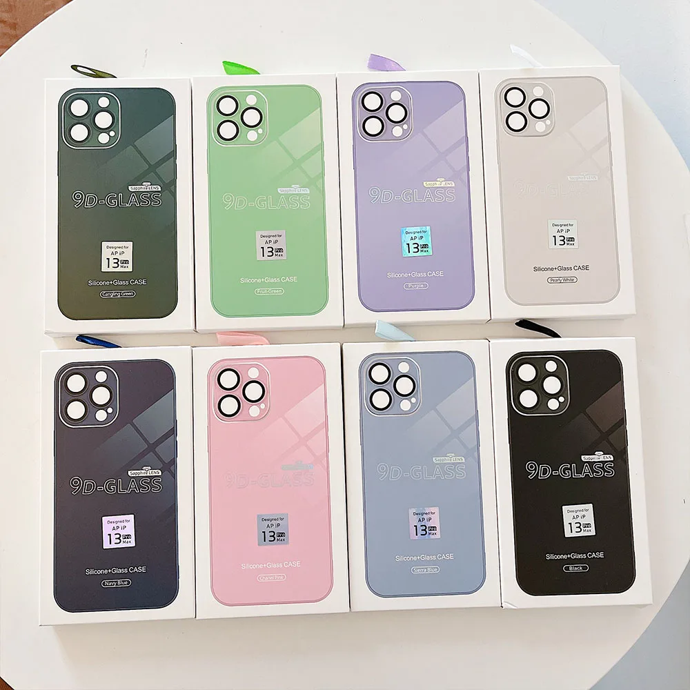 

10pcs/9D Silicone Glass Case For iPhone 14 13 12 11 Pro Max Pro Plus Mirror Glass Phone Case With Integrated lens Film