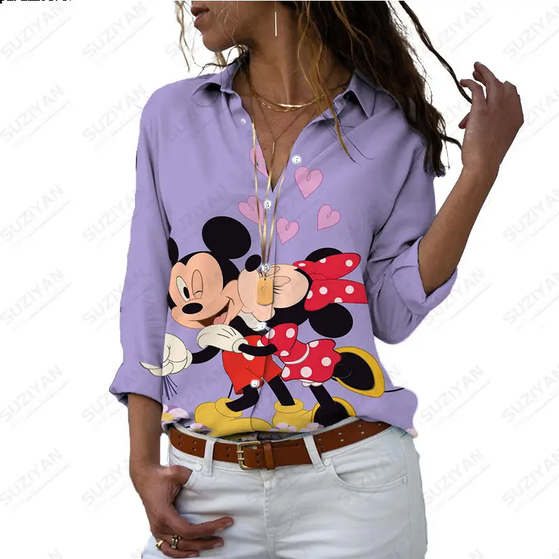 

New Disney Printed Minnie Mickey Women's Long Sleeve Cardigan Polo Women's Fashion Long Sleeve Shirt Casual Loose Breathable Top