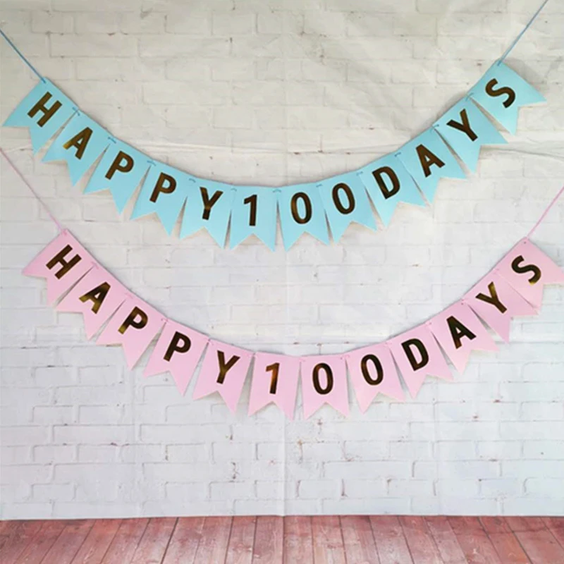 

Blue Pink Happy 100 Days Birthday Banners Paper Hanging Bunting Garland Baby Shower Decorations Gender Reveal Party Supplies