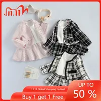 2022 Fashion 1-6Y Baby Girls Clothes Sets Birthday Long Sleeve Plaid Coat Tops+Dress 2Pcs Party Warm Outfit