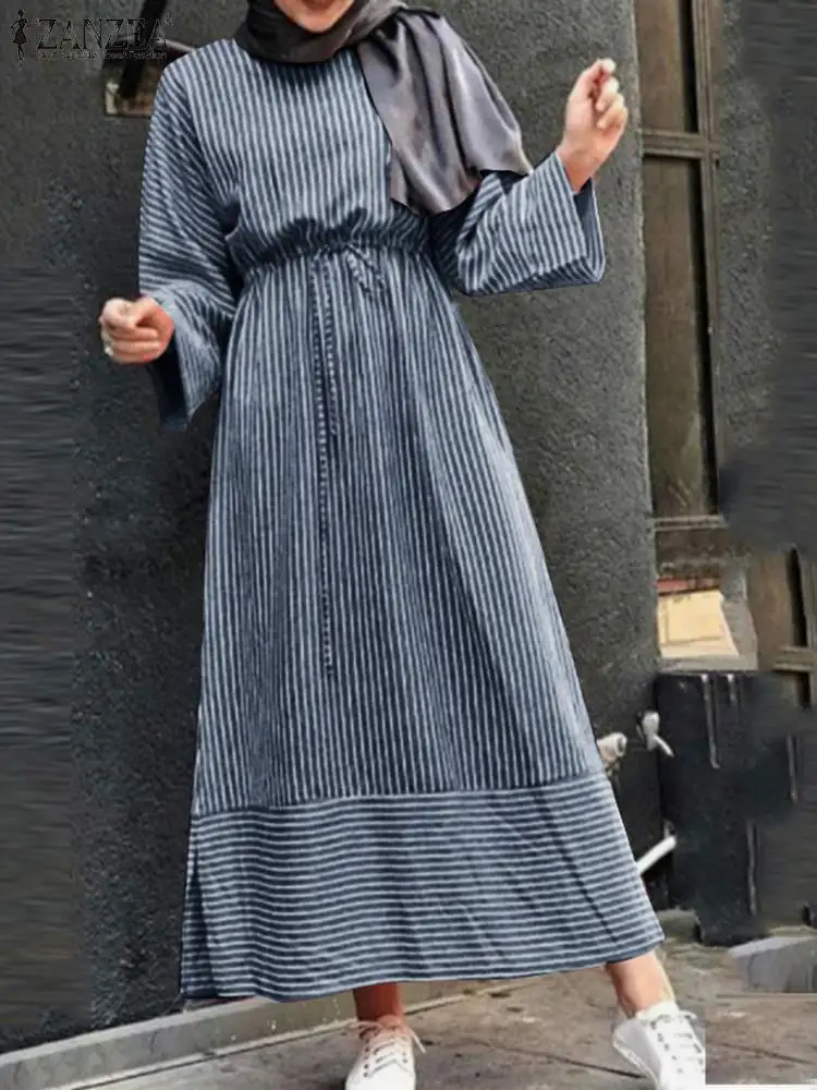 

Dubai Turkey Caftan Marocain Abaya Hijab Sundress ZANZEA Women Muslim Dress Long Sleeve Lace Up Stripe Printed Split Dresses