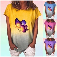 women fashion gradient color t shirt summer round neckshort sleeve tee shirt casual butterfly print shirt ladies loose t shirt