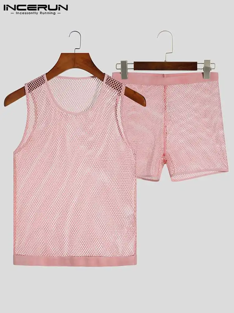 

Men Pajamas Sets Solid Mesh Transparent Sleeveless Tank Tops & Shorts Two Pieces Sexy Men Sleepwear Suits Homewear S-5XL INCERUN