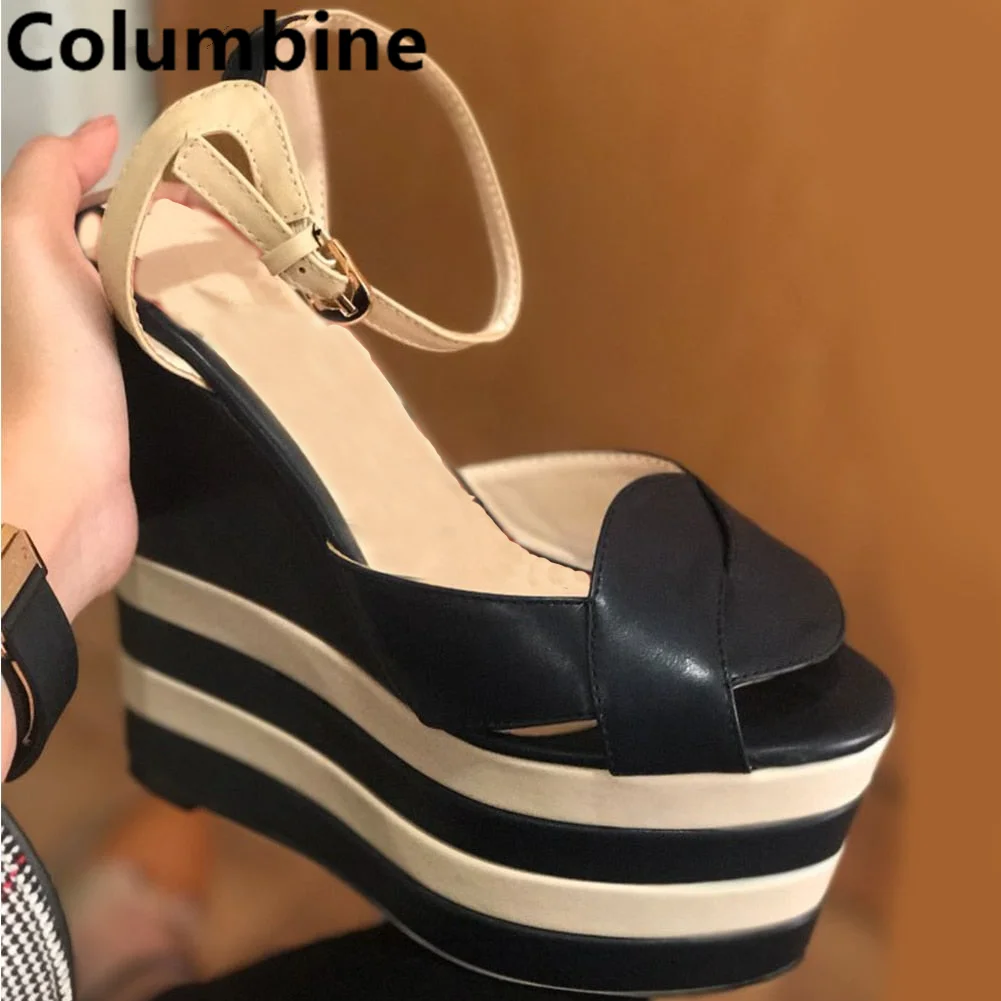 Women Red White Stripe Heightened Platform Sandals Leather High Wedge Open Fashion Heels Mixed Colors Peep Toe Modern New Shoes