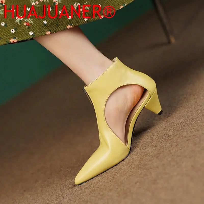 

HUAJUANER Новинка 2023, женские туфли на среднем каблуке, модные весенние туфли, с боковым вырезом, с острым носком, на молнии спереди, во французском стиле, желтые, белые, Прямая поставка