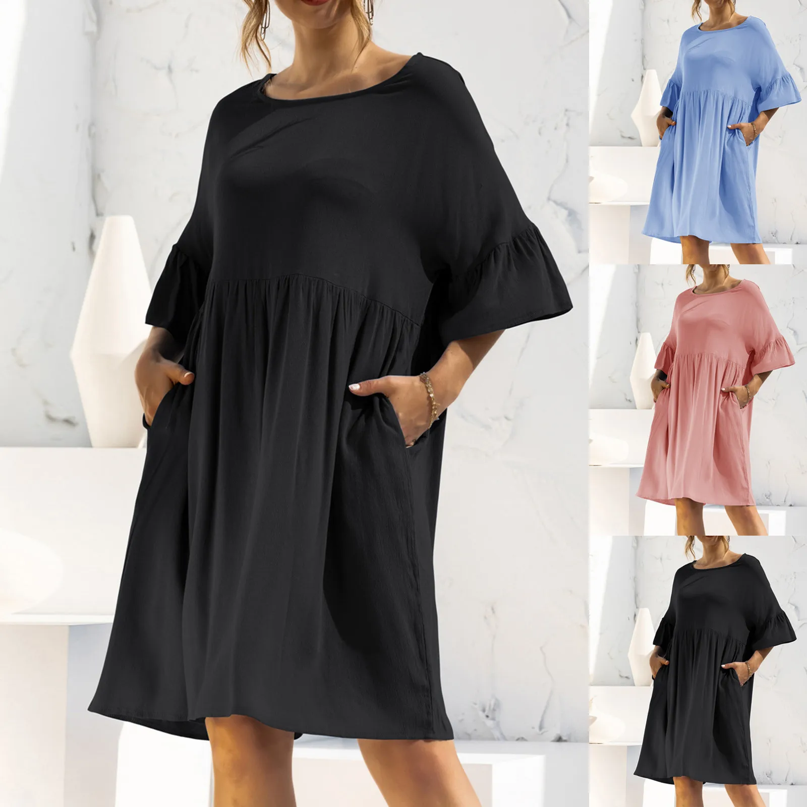 

Женское Платье повседневное модное однотонное Платье миди с круглым вырезом и расклешенными рукавами в стиле пэчворк с карманами свободно...