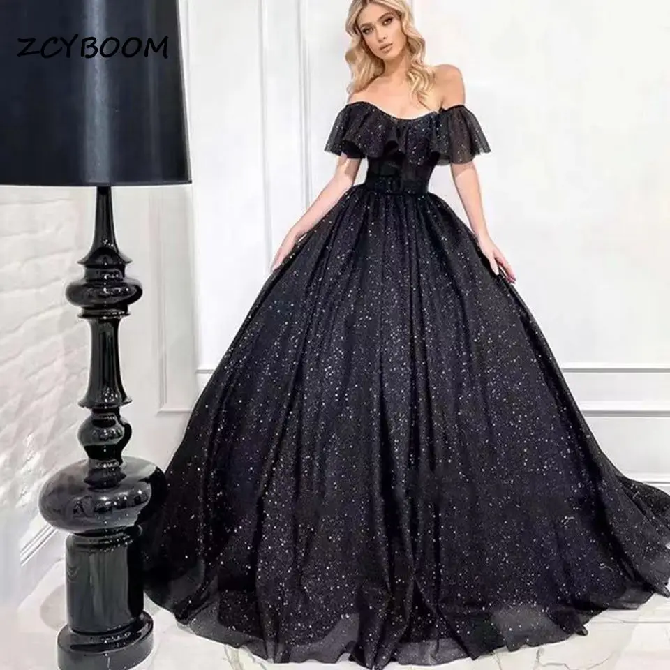 

Luxurious Off Shoulder Ball Gown Black Shiny Backless Tulle Prom Gowns Ruffle Sleeves 2022 Women Evening Formal Party Dresses