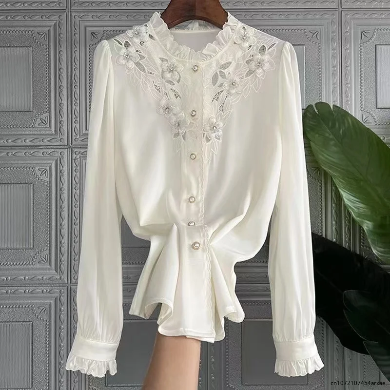 

Spring Fall Lapel Stars Rhinestone Satin Shirts Solid Color Faux Silk Diamonds Blouse Long Sleeve Turn Down Collar Blusas Mujer