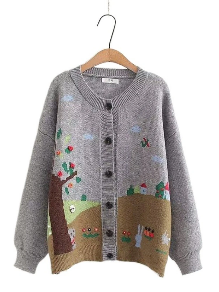 

Women Cardigan 2023 Autumn Long Sleeve O Neck Loose Knitwear Cartoon Geometric Harajuku Jacquard Prepy Tops