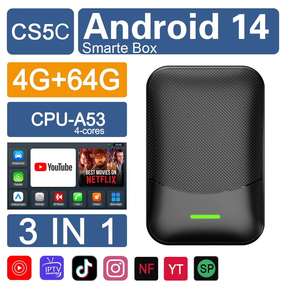 

Guideforyou Wireless CarPlay Dongle 3ni1 Беспроводной адаптер Android Auto 4 + 64 ГБ Android DeepSync UI 14 Встроенный YouTube Netflix