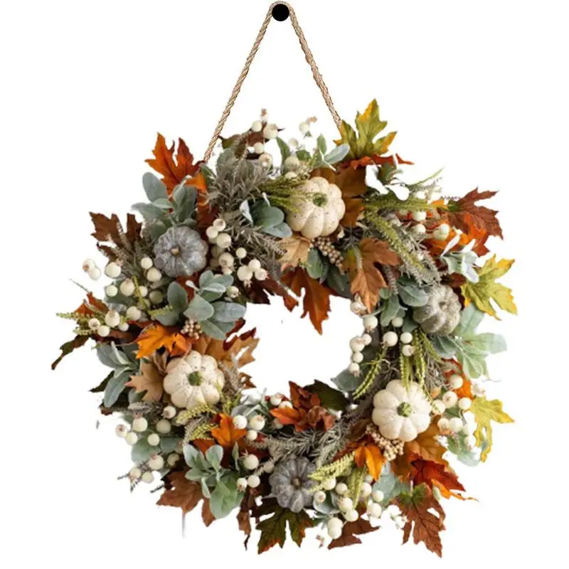 

45cm Autumn Wreath Artificial Maple Leaf Pumpkins Berries Fall Wreaths Front Door Decorations for Thanksgiving Harvest Festival