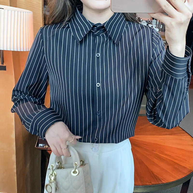 Новая женская рубашка с длинным рукавом в полоску отложным воротником шифоновая