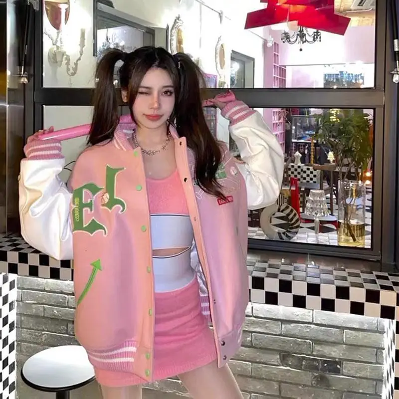

Pink Baseball Jacket Patchwork Top