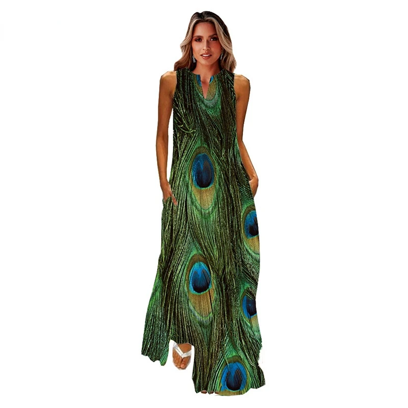 

Dinboa- 2022 Green Dress Vintage Casual Beach Breathable Peacock Feather Long Dresses Summer Woman Sleeveless Maxi Dress Women