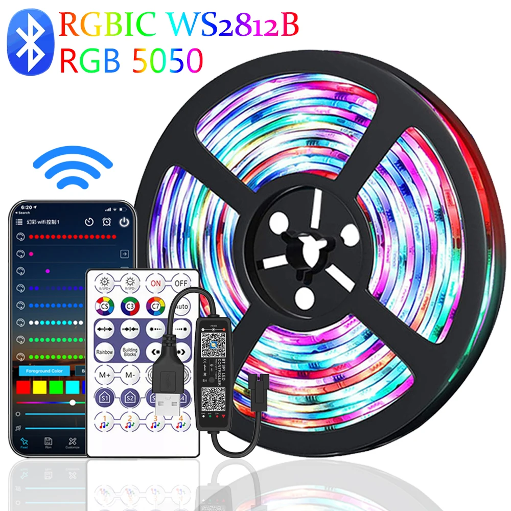 

LED Strip Lights RGBIC WS2812B/RGB 5050 Luces Led 5V Bluetooth Tapa Ribbon TV Desktop Computer BackLight Room Decorate Fita Lamp