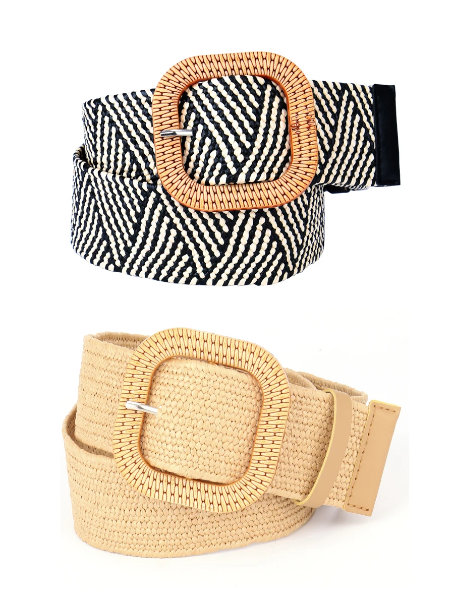 Women's Straw woven Vintage Bohemain Square Buckle Elastic belts summer beach Waist Decorate Accessories For Ladies Dress Shirt