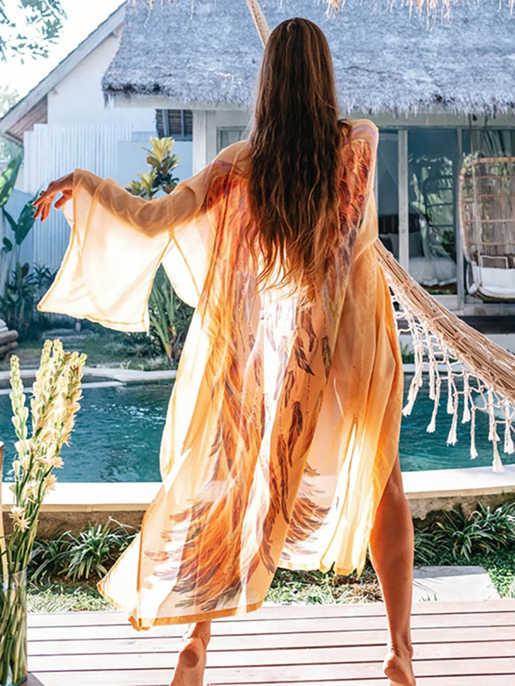 

Fitshinling Bohemian Wing Chiffon Beach Cover Up Kimono Women Big Sleeve Oversized Summer Long Cardigan Sashes Holiday Swimwear